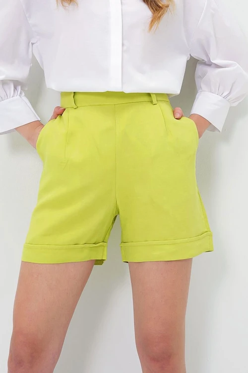 Yağ Yeşili Duble Paça Gizli Fermuarlı Yazlık Keten Dokuma Şort BCIR-251002