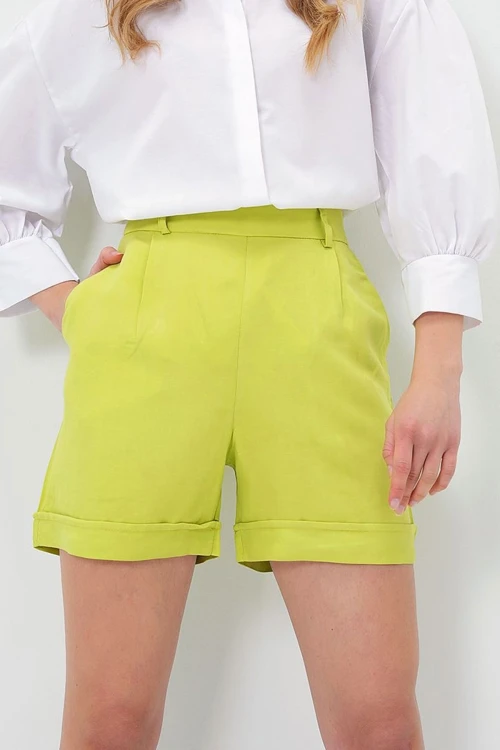 Yağ Yeşili Duble Paça Gizli Fermuarlı Yazlık Keten Dokuma Şort BCIR-251002
