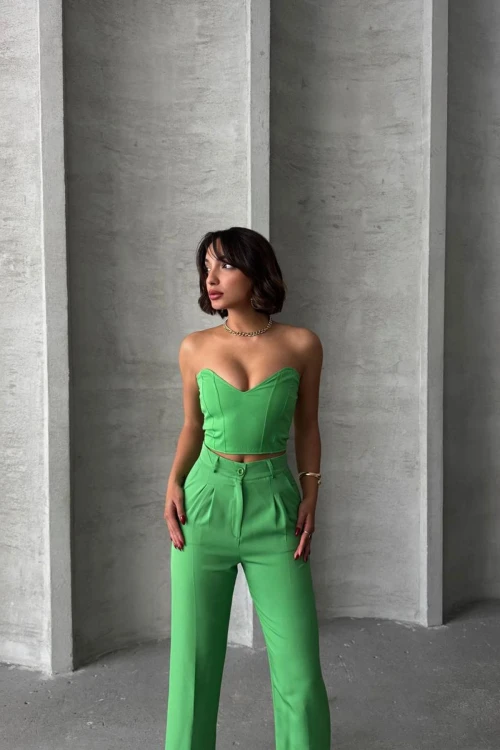 Yeşil Crop Bluz Ve Cepli Pantolon Dokuma Alt Üst Takım BCHN-2525212
