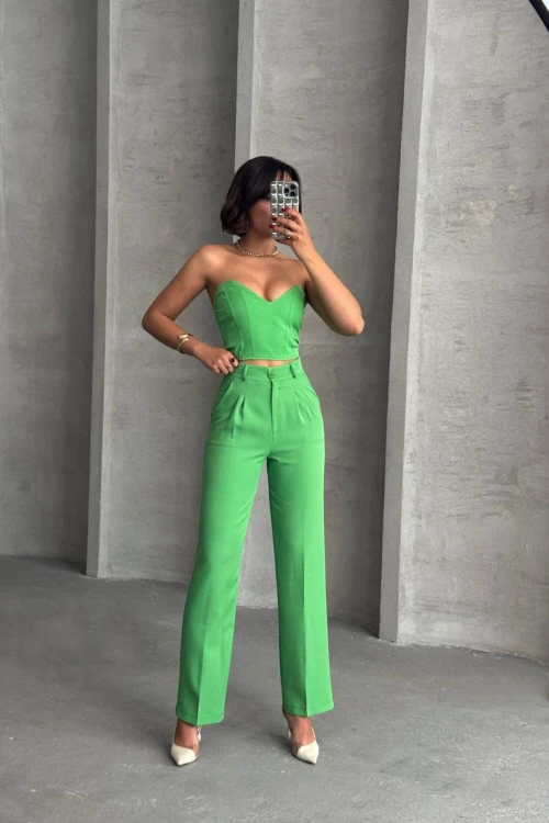 Yeşil Crop Bluz Ve Cepli Pantolon Dokuma Alt Üst Takım BCHN-2525212