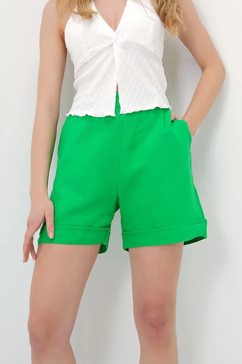 Yeşil Duble Paça Gizli Fermuarlı Yazlık Keten Dokuma Şort BCIR-251002