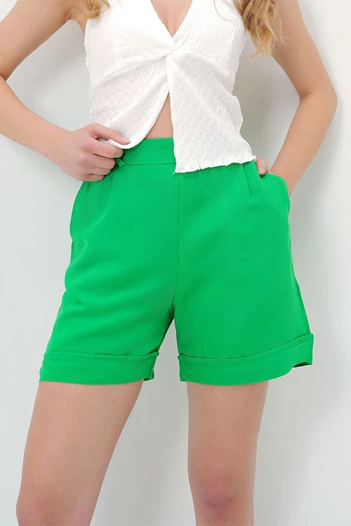 Yeşil Duble Paça Gizli Fermuarlı Yazlık Keten Dokuma Şort BCIR-251002