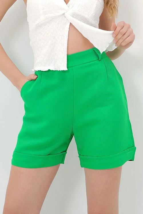 Yeşil Duble Paça Gizli Fermuarlı Yazlık Keten Dokuma Şort BCIR-251002