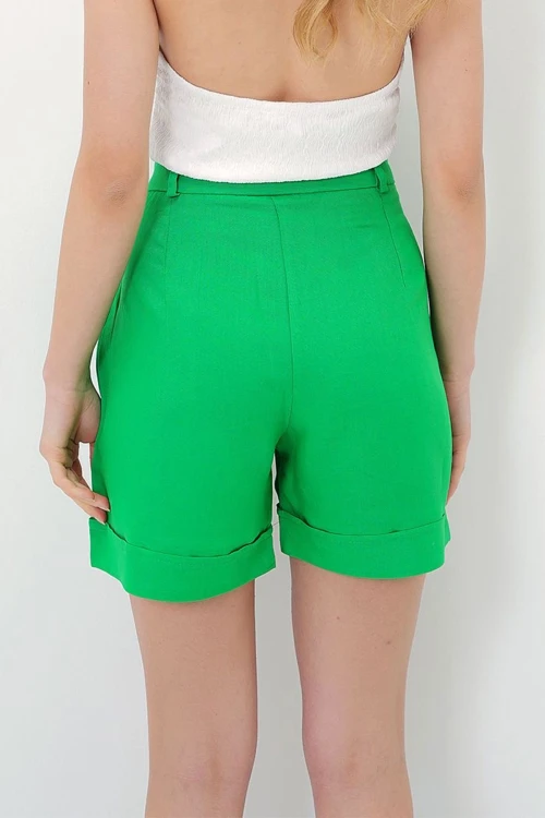 Yeşil Duble Paça Gizli Fermuarlı Yazlık Keten Dokuma Şort BCIR-251002