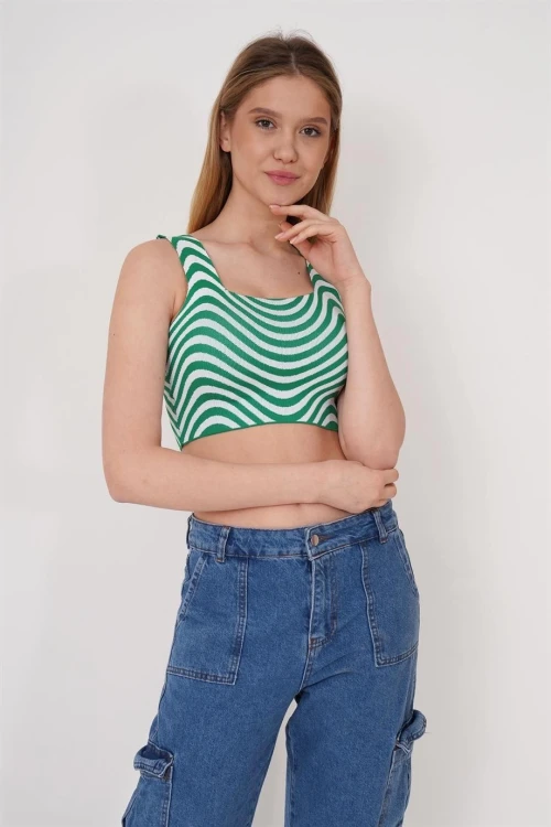 Yeşil Kare Yaka Desenli Triko Bluz CO-2523256429