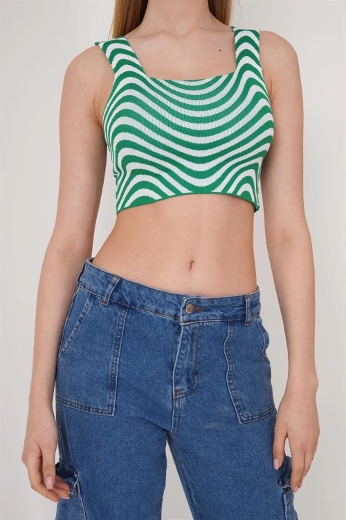 Yeşil Kare Yaka Desenli Triko Bluz CO-2523256429