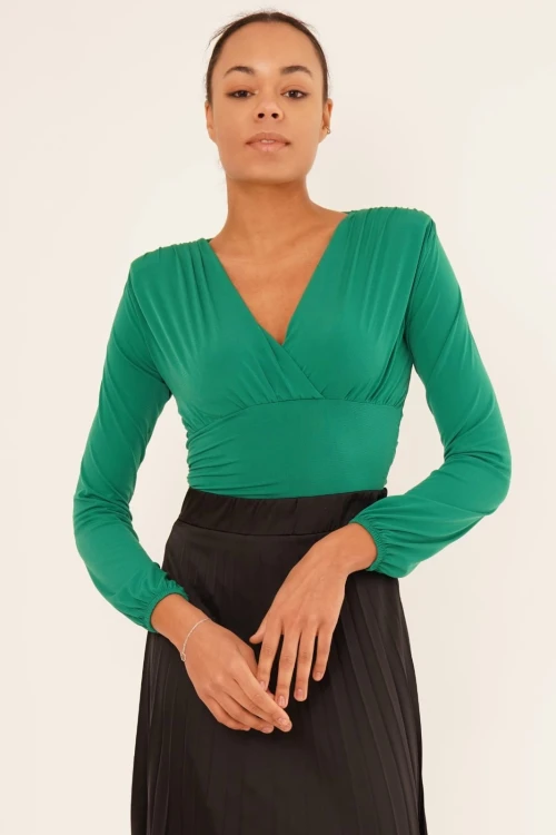 Yeşil Kruvaze Yaka Büzgülü Vatkalı Uzun Kol Sandy Bluz CO-2523254223