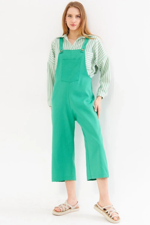 Yeşil Önü Cepli Askılı Yazlık Gabardin Bahçıvan Tulum