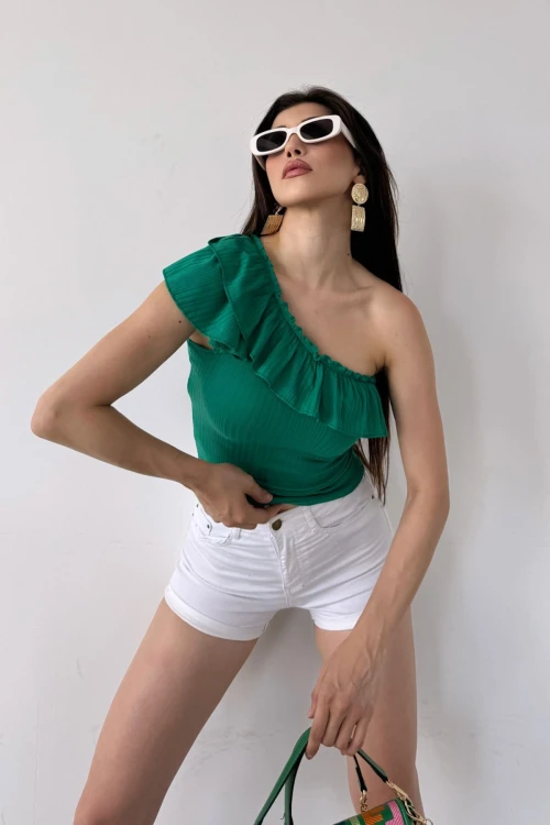 Yeşil Tek Omuz Fırıfır Detaylı Bluz BCDF-251088