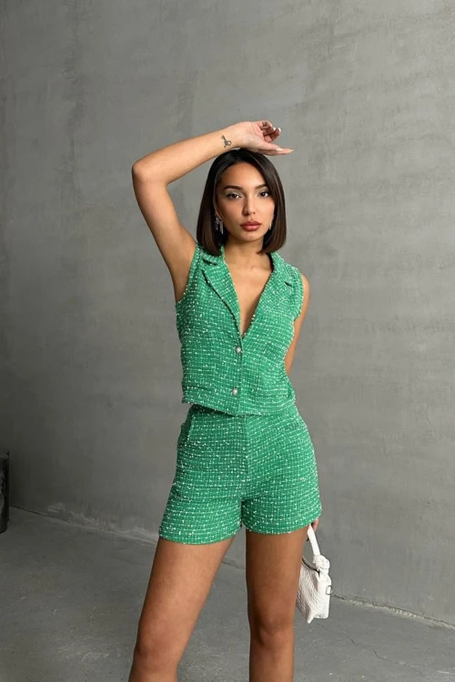 Yeşil Tüvit Kumaş Yelek Ve Cepli Şort Alt Üst Takım BCHN-2525463