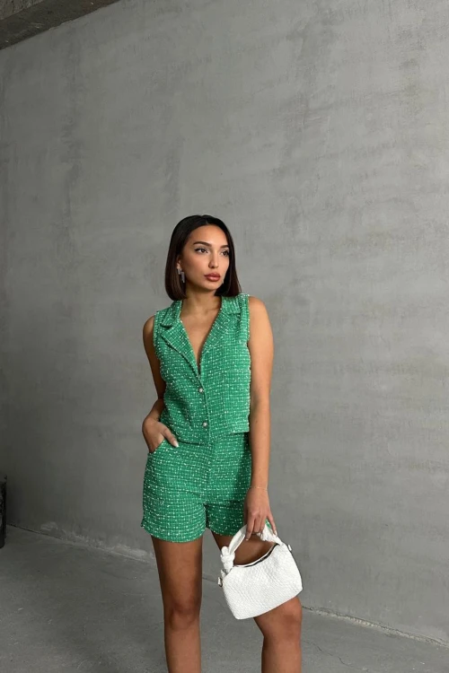 Yeşil Tüvit Kumaş Yelek Ve Cepli Şort Alt Üst Takım BCHN-2525463