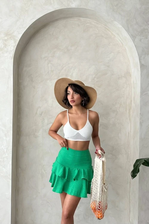 Yeşil Yüksek Bel Eteği Fırfırlı Dokuma Etek BCHN-2525681