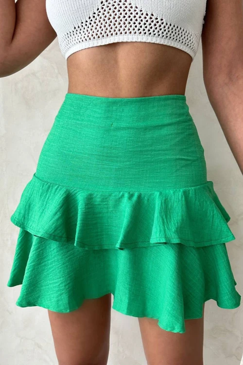 Yeşil Yüksek Bel Eteği Fırfırlı Dokuma Etek BCHN-2525681