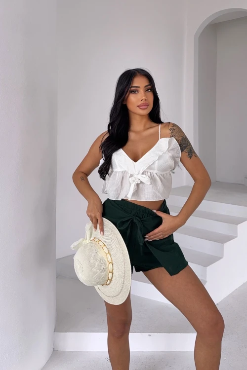 Zümrüt Yeşili Kruvaze Bağlamalı Muslin Kumaş Keten Dokuma Şort BCBT-251002