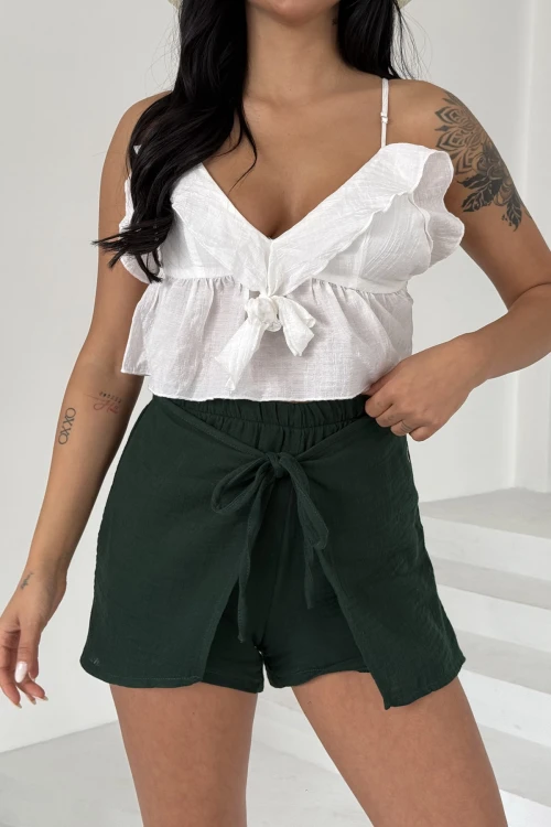 Zümrüt Yeşili Kruvaze Bağlamalı Muslin Kumaş Keten Dokuma Şort BCBT-251002