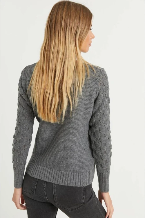 Antrasit V Yaka Kolları Motifli Kazak BCBSK-25700-K5837