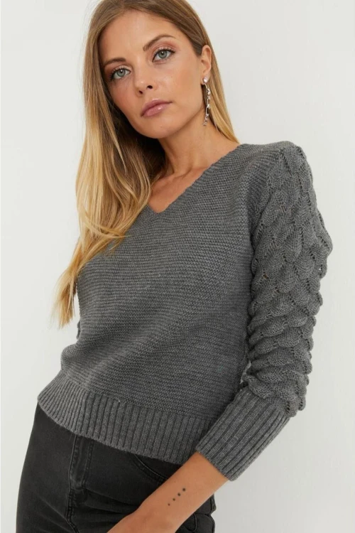 Antrasit V Yaka Kolları Motifli Kazak BCBSK-25700-K5837