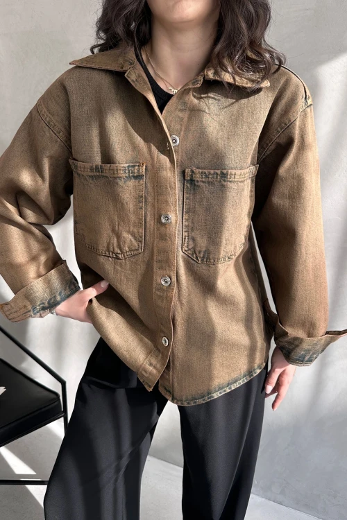 Bakır Çift Cepli Yıkamalı Denim Gömlek Ceket BCDF-235403