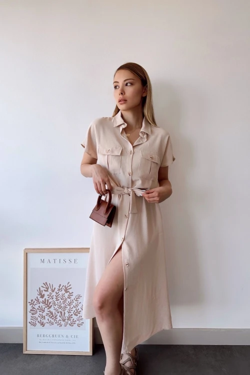 Bej Cepli Kemerli Safari Airobin Elbise BCBSK-25700-K4045