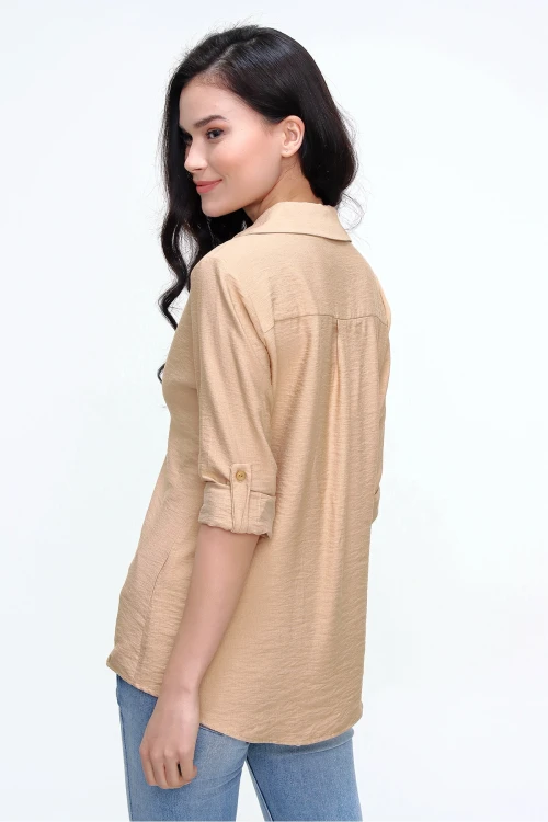 Bej Keten Dokulu Gömlek BCBSK-25700-3043