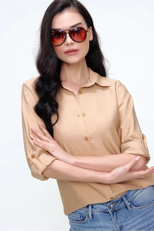 Bej Keten Dokulu Gömlek BCBSK-25700-3043