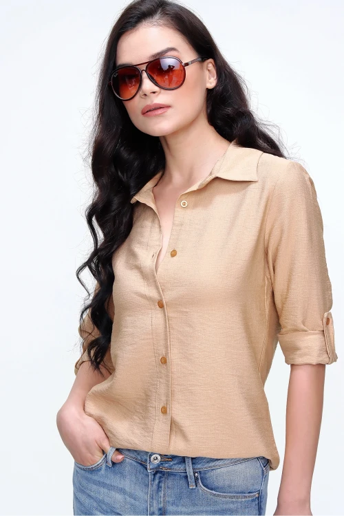 Bej Keten Dokulu Gömlek BCBSK-25700-3043