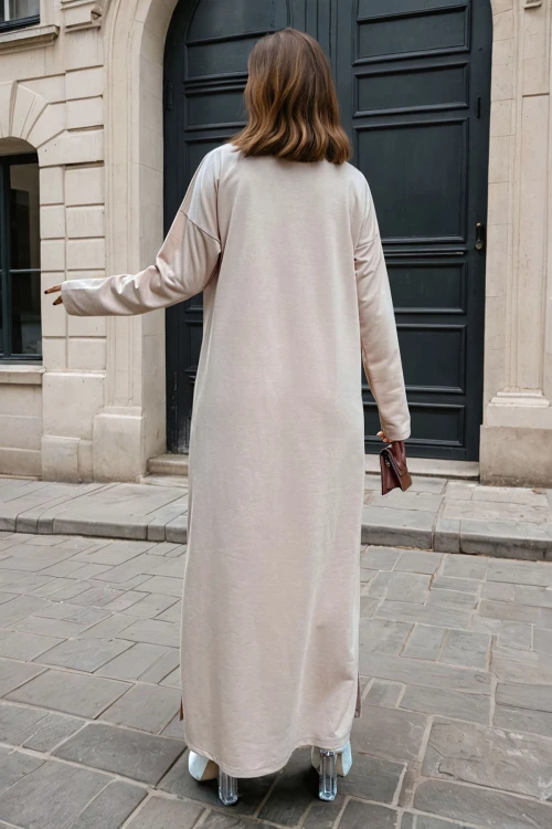 Bej Polo Yaka Yanı Yırtmaçlı Tek Cep Uzun Salaş Elbise BCBSK-25700-3463