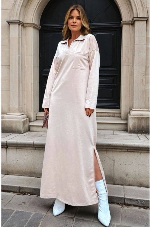 Bej Polo Yaka Yanı Yırtmaçlı Tek Cep Uzun Salaş Elbise BCBSK-25700-3463