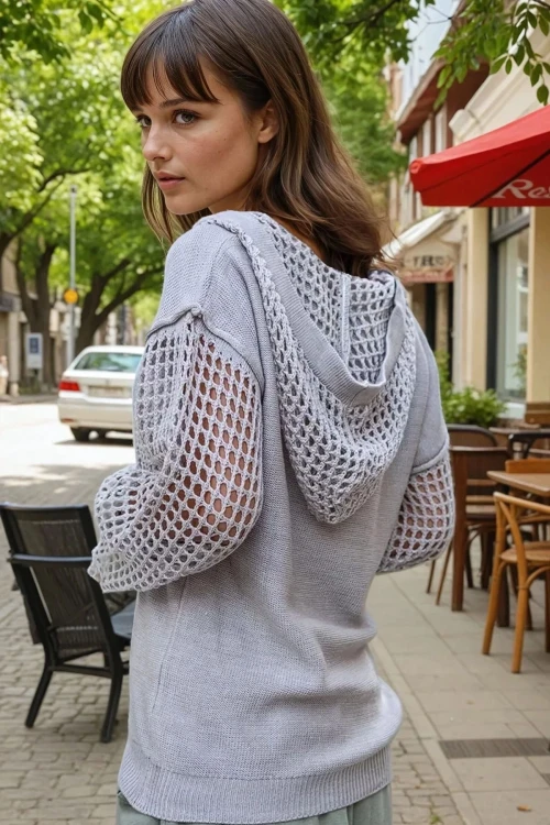 Bej V Yaka Kapüşonlu Kolları Ajurlu Tek Cep Salaş Kazak BCBSK-25700-CCK95006