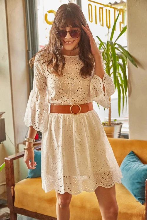 Beyaz Beli Lastikli Astarlı Fisto Elbise BCBSK-25700-K4236