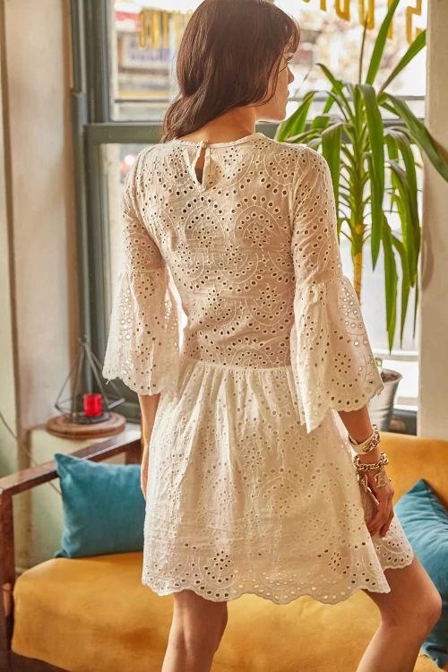 Beyaz Beli Lastikli Astarlı Fisto Elbise BCBSK-25700-K4236