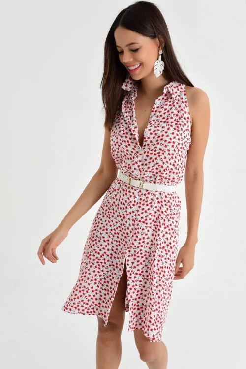 Beyaz Çiçek Desenli Gömlek Yaka Dokuma Elbise BCBSK-25700-K4160