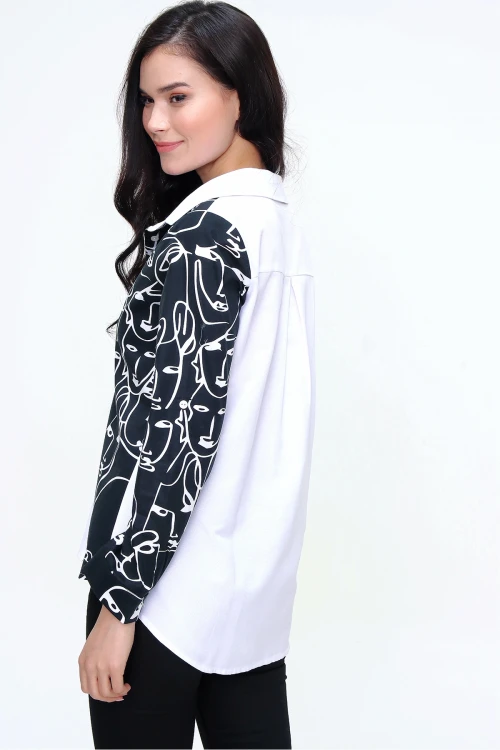 Beyaz Desenli Garnili Poplin Salaş Gömlek BCBSK-25700-3074