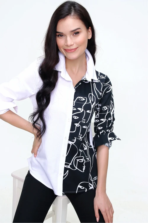 Beyaz Desenli Garnili Poplin Salaş Gömlek BCBSK-25700-3074