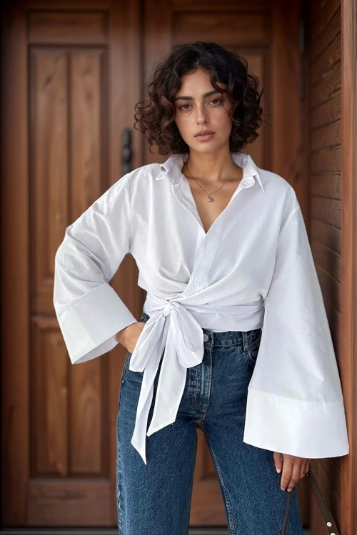 Beyaz Geniş Manşetli Kol Detaylı Önü Bağlamalı Poplin Gömlek BCDF-2510000