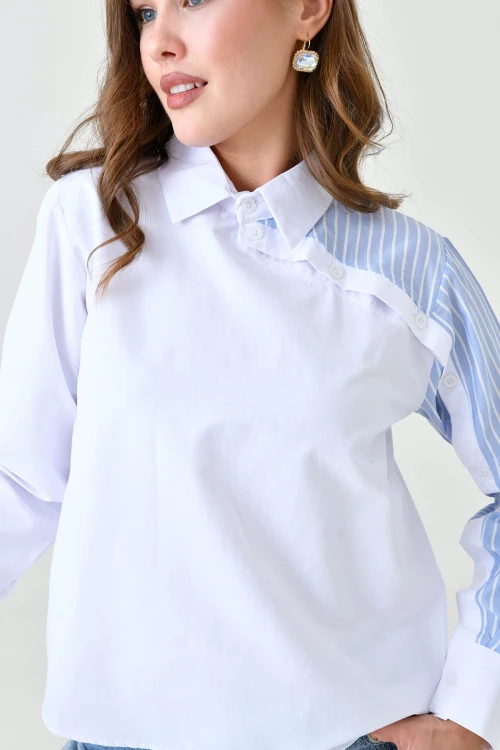 Beyaz Mavi Özel Tasarım Poplin Dokuma Gömlek BC24YG1069