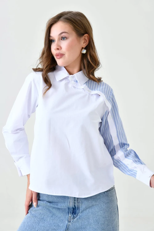 Beyaz Mavi Özel Tasarım Poplin Dokuma Gömlek BC24YG1069