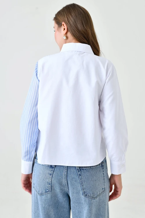 Beyaz Mavi Özel Tasarım Poplin Dokuma Gömlek BC24YG1069