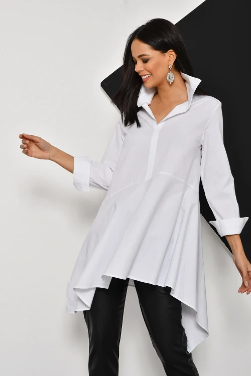 Beyaz Yarım Patlı Oversize Dokuma Gömlek BCBSK-25700-K4912