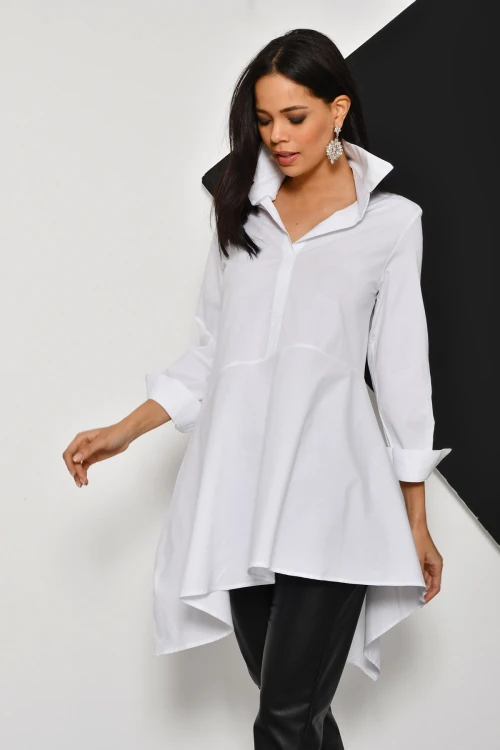 Beyaz Yarım Patlı Oversize Dokuma Gömlek BCBSK-25700-K4912