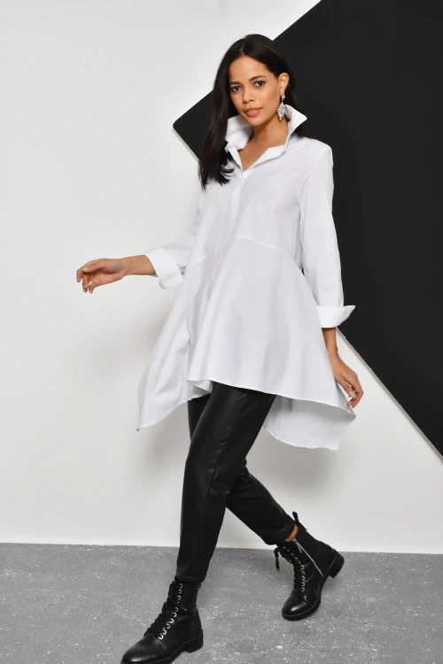 Beyaz Yarım Patlı Oversize Dokuma Gömlek BCBSK-25700-K4912