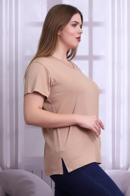 Bisküvi V Yaka Kısa Kol Büyük Beden Bluz CO-25B21399902