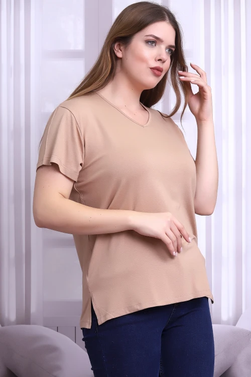 Bisküvi V Yaka Kısa Kol Büyük Beden Bluz CO-25B21399902