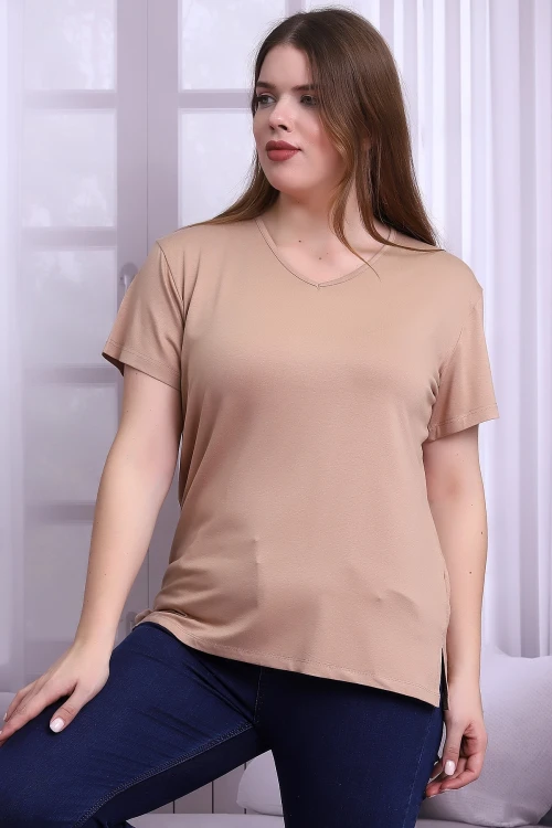 Bisküvi V Yaka Kısa Kol Büyük Beden Bluz CO-25B21399902