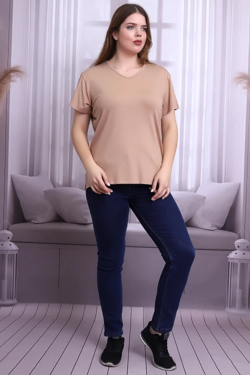 Bisküvi V Yaka Kısa Kol Büyük Beden Bluz CO-25B21399902