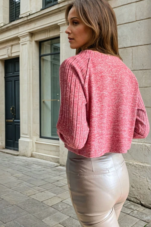 Bordo V Yaka Kendinden Dokulu Raglan Kol Crop Kazak BCBSK-25700-3327