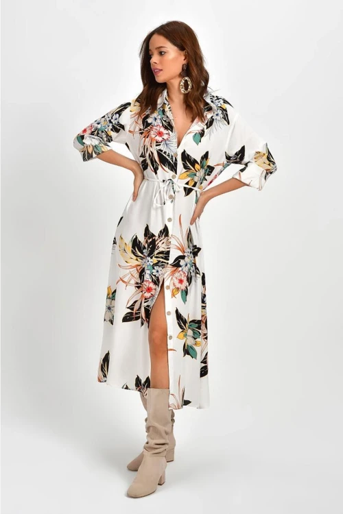 Ekru Desenli Uzun Kol Gömlek Elbise BCBSK-25700-K5028