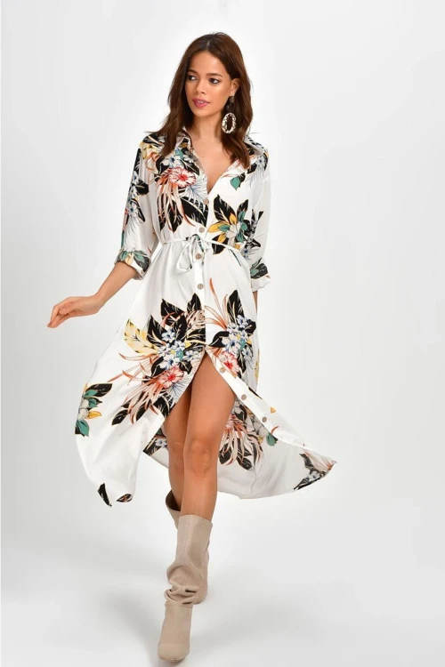 Ekru Desenli Uzun Kol Gömlek Elbise BCBSK-25700-K5028