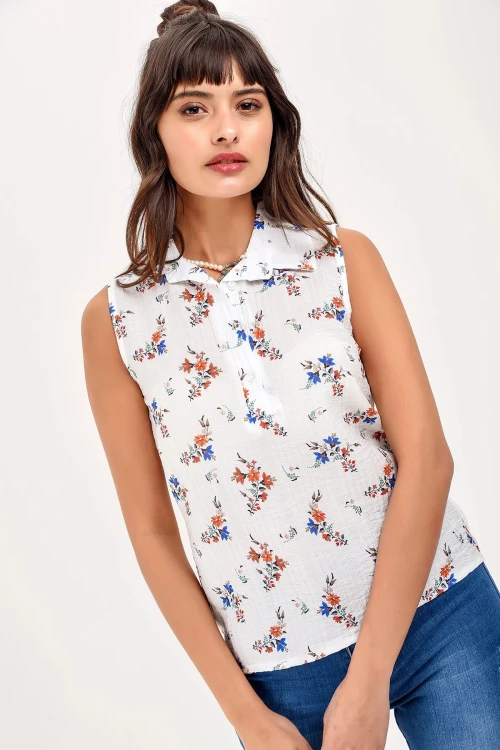 Ekru Kolsuz Çieçek Desenli Gömlek BCBSK-25650-2346