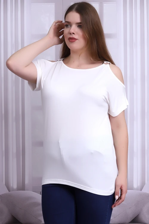 Ekru Omuzu Açık Halka Aksesuarlı Kısa Kol Büyük Beden Bluz CO-25B21399903